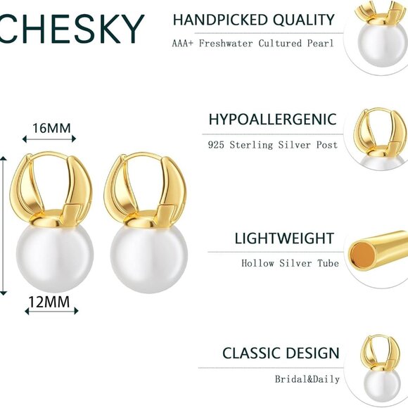 Pearl Earrings for Women, Dainty 14K Gold Plated/925 Sterling Silver Drop Qualit - Picture 5 of 9